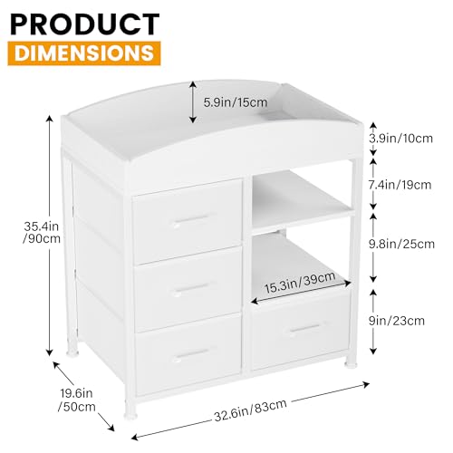 Homeiju Baby Changing Table with 4 Drawers and 2 Shelves - Baby Dresser with Changing Table Top Diaper Changing Station with Storage for Nursery Modern, White