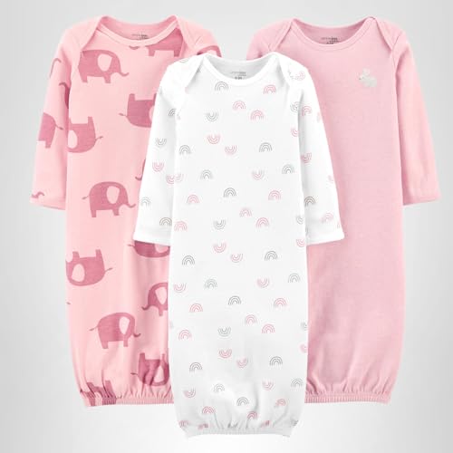 Simple Joys by Carter's Baby Girls' Cotton Sleeper Gown, Pack of 3, Light Pink Bunny/White Rainbow/Elephants, 0-3 Months