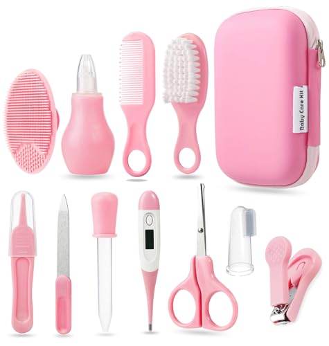 PandaEar Baby Healthcare and Grooming Kit, 12-in-1 Pink, Baby Comb, Brush, Finger Toothbrush, Nail Clippers, Scissors, Nasal Aspirator, Plastic, Pink