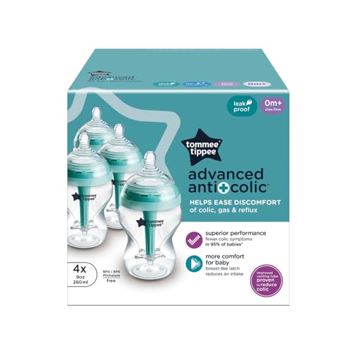 Tommee Tippee Advanced Anti-Colic 9 Oz BPA Free Baby Bottles, Newborn 0+ Months, Slow Flow Breast-Like Nipple, Unique Design Keeps Air Away from Milk and Baby, Clear, Pack of 4