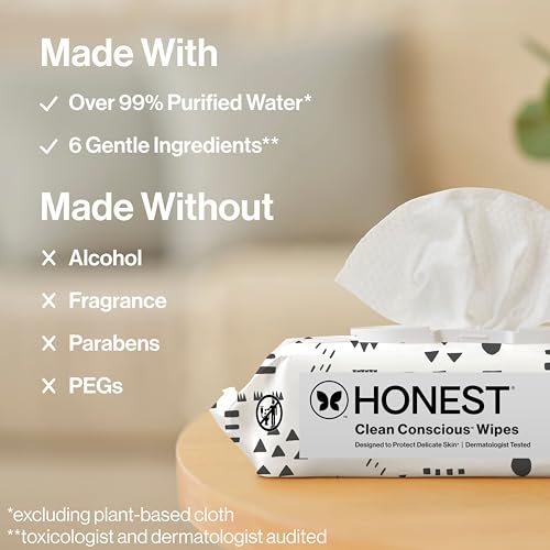The Honest Company Clean Conscious Multi-Use Wipes | Hypoallergenic + Unscented for Sensitive Skin | Over 99% Water, Compostable, Plant Based, Baby Wipes | Pattern Play, 576 Count