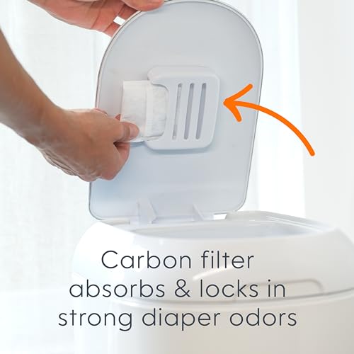 Diaper Genie Platinum Pail (Lily White) is Made in Durable Stainless Steel and Includes 1 Easy Roll Refill with 18 Bags That can Last up to 5 Months.