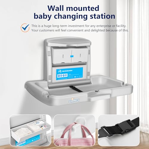 Commercial Baby Changing Station Wall Mounted – Heavy Duty Foldable Wall Mounted Changing Table with Safety Strap, Easy to Clean for Home/Public Restroom (Hardware Included)