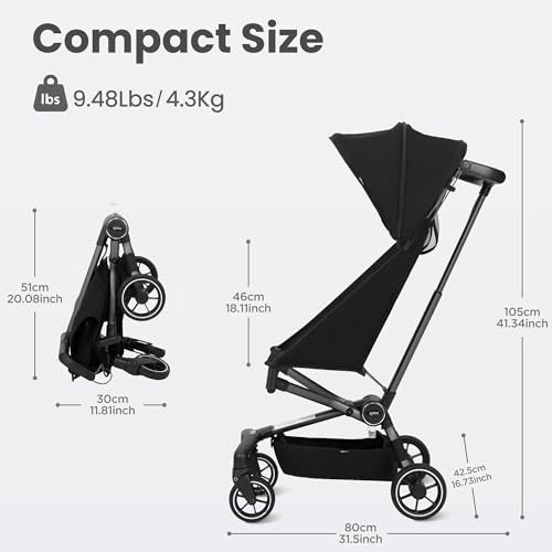 QPlay Travel Stroller for Baby & Toddlers Ages 6 Months to 4 Year Old – 9.48lbs Lightweight & Ultra-Compact Umbrella Stroller with One-Hand Fold, Airplane Carry-on Size, Reclining Seat (Black)