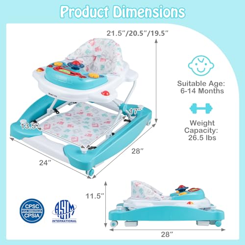 HONEY JOY Baby Walker, 6-in-1 Foldable Baby Walker and Bouncer Combo, Infant Activity Walker with Wheels, Adjustable Heights, Rocker, Music, Lights, Walker for Baby Boy Girl 7-14 Months (Green)