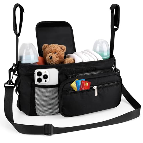 Accmor Universal Stroller Organizer, Stroller Caddy Bag with Cup Holder Detachable Phone Bag and Shoulder Strap, Stroller Organizer for Uppababy, Baby Jogger, Britax Strollers Accessories