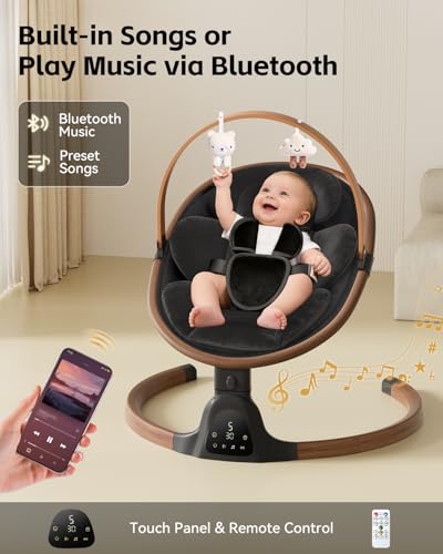 Baby Swings for Infants, Electric Infant Swing with 5 Speed Modes, 5-Point Harness, 3 Timer Settings, Built-in Songs & Bluetooth, Portable Modern Swing for Indoor & Outdoor (Black)