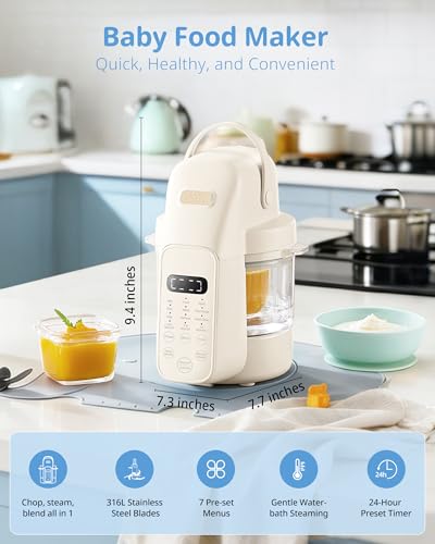 SosekiBaby Tutto Baby Food Maker with Glass Bowl One Step Baby Blender-Food Processor and Steamer Puree Grinder 316L Stainless Steel Blades Auto Cooking & Easy Cleaning-BPA-Free Ivory