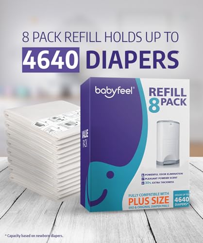 Babyfeel Refills for DEKOR PLUS Diaper Pails, 8 Pack, Exclusive 30% Extra Thickness, Fresh Powder Scent, Holds up to 4640 Diapers