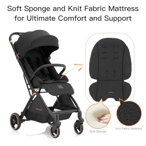 Gromast Gravity Folding Baby Stroller - Portable Travel Toddler Stroller w/Adjustable Backrest, Canopy & Cup Holder, Lightweight and UV Protected, One-Hand Automatic Folding - Black