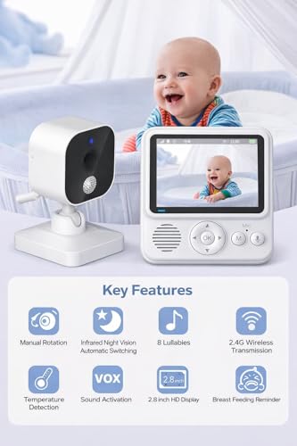 AnKeKe Baby Monitor with Camera and Audio, No WiFi Baby Monitor with 2.8" IPS Screen, 120-Hour Battery, 1000ft Long Range, 2-Way Talk, Cry and Feeding Reminder, Night Vision
