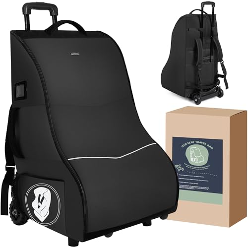 Wurzfolk Rolling Car Seat Travel Bag with Wheels – Car Seat Backpack Transport Case for Airplane Travel, Fits Convertible & Booster Seats, Protective Storage Cover, Black