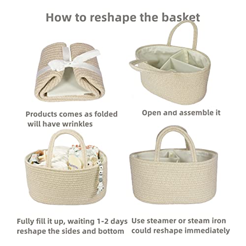 Baby Diaper Caddy Organizer for Girl Boy Cotton Rope Nursery Storage Bin Basket Portable Holder Tote Bag for Changing Table Car Travel Baby Shower Gifts Newborn Registry Must Have Items oatmeal