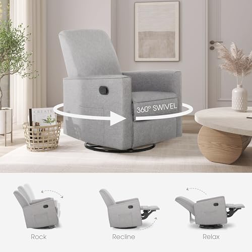 Evolur Raleigh Upholstered Manual Glider Recliner– Rocking & 360° Swivel with Smooth Glide – Greenguard Gold & FSC Certified – Modern Nursery and Living Room Chair in Light Grey