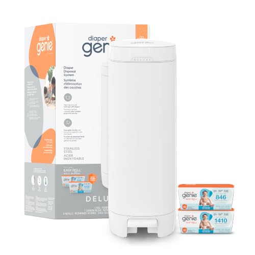 Diaper Genie Deluxe Gift Set Pail – Diaper Disposal Made in Stainless Steel | Hands-Free Foot Pedal & Easy-Glide Function| Includes 2 Easy Roll Refills (48 Bags) | Baby Shower Gift