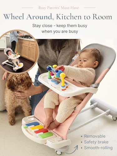 CuddoBaby Baby Bouncer 4-in-1 on Wheels, Detachable Pianos, Feeding Tray, 3-Level Recline Foldable Seat with Play Bar for Infant to Toddler 0-12M, Boy Gift Idea - Blue