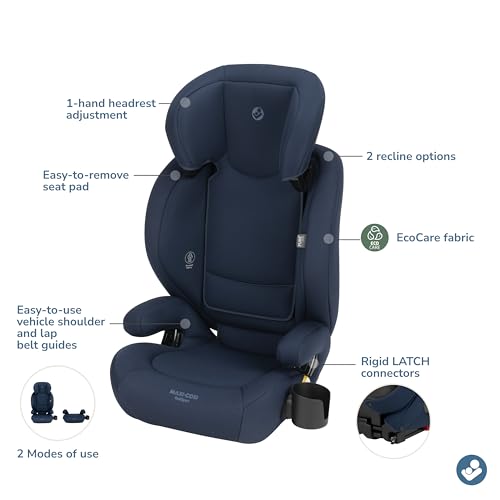 Maxi-Cosi RodiSport Kids Booster Car Seat, High-Back, Backless Booster Seat, 7-Position Headrest, Easy Latch System, Reclining Chair, Belt Guide, Fits 40-100 lbs, 43.4-57 in, Seafaring
