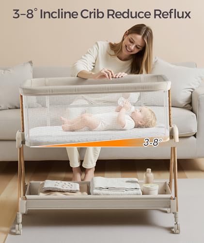 Fodoss Baby Bassinets Bedside Sleeper - 3-in-1 Baby Bassinet with Wheels, Soft Mattress, Storage Tray, Full-Mesh Sides, 7-Height Adjustable Crib for Newborns
