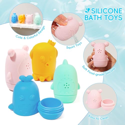 Baby Bath Toys for Kids Ages 1-3, 15PCS Mold Free Bath Toys Toddlers 2-4, Bathtub Pool Water Table Toys, Silicone Bath Toy and Floating Boats & Stacking Spoons for Babies 6-12 Months
