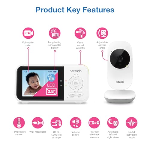 VTech Baby Monitor No WiFi – 19-Hour Video Battery for Newborns, 1000ft Range, Auto Night Vision, Two-Way Talk, Temperature Sensor, Sound-Activated Screen | VM819