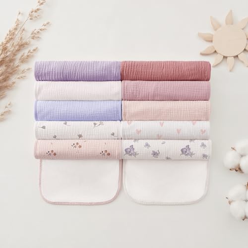 Bearmoss 10 Pack Muslin Burp Cloths, Soft Absorbent Baby Burping Cloths for Unisex Boys and Girls, Newborn Essentials Large Extra Washcloths, 20x10 inches (Pink Purple)