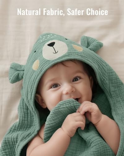 Blissful Diary Muslin Baby Hooded Towel 2 Pack, Soft & Absorbent Bath Towel for Infant, Toddler, Unisex, Baby Gift, Newborn Essentials, Bear & Lamb
