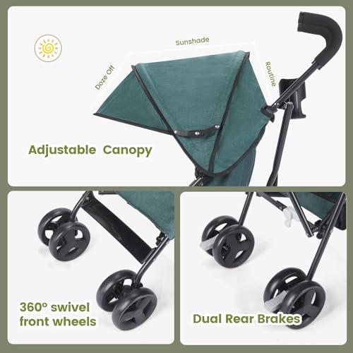 6-36M Baby Stroller, Umbrella Stroller with Foldable Pushchair with Adjustable Canopy, Folding Infant Newborn Pram Stroller with Storage Basket, Cup Holder, Suspension Wheels for Infants (Dark Green)
