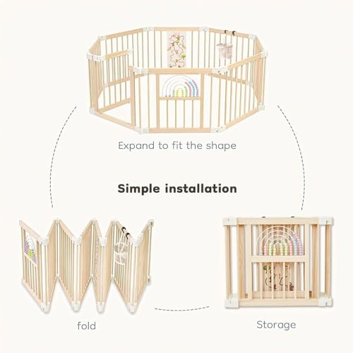 Ulnxiy Wooden Baby Playpen with Montessori Toys, 8-Panel Foldable Wood Play Yard for Toddlers, 56"x56" Large Baby Fence with Safety Lock, CPC Certified Natural Pine Wood Activity Center