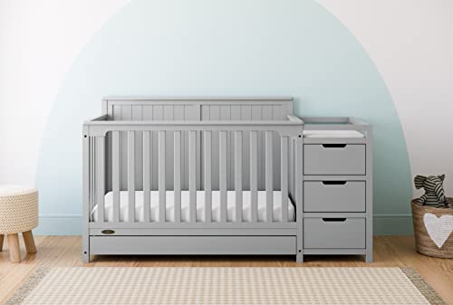 Graco Hadley 5-in-1 Convertible Crib & Changer – GREENGUARD Gold Certified, Fits Standard Crib Mattress, Converts to Toddler Bed and Full Bed, 4 Adjustable Mattress Heights (Pebble Gray)