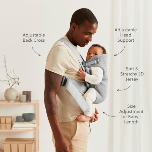 BabyBjörn Baby Carrier Mini, Light Gray, 3D Jersey | Infant Carrier (7-25 lbs), Ergonomic, Easy-to-Use