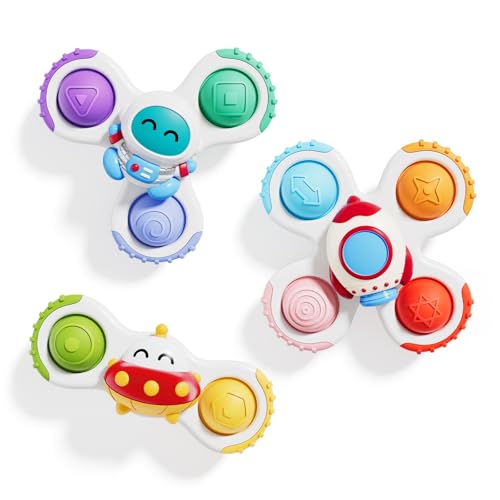 ALASOU 3PCS Pop Suction Cup Spinner Sensory Airplane Travel Toys for 1 Year Old Boy Girl Infant Toddlers|Novelty Spinning Tops 12 18 Months|1 2 Year Old Boy Birthday Gift|Baby Bath Toy Kids Ages 1-3