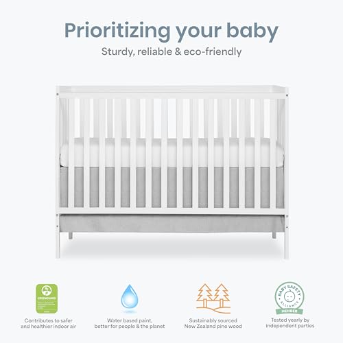 Dream On Me Synergy 5-in-1 Convertible Full-Size Baby Crib with Toddler, Day & Full Bed Conversion in White, GreenGuard Gold & BSA, 3 Mattress Heights, Sustainable Pinewood