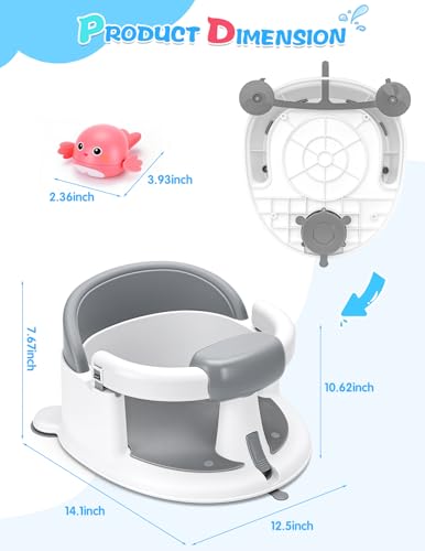 Baby Bath Seat for Babies 6 Months & up with Suction Cups, Non-Slip Infant Bath Chair, Ergonomic Baby Bathtub Seats for Babies Sitting Up, BPA-Free Toddler Bath Seat, Easy-Release Pull Tab, Gray