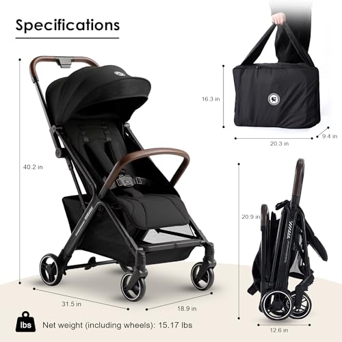 LullaRide Lightweight Travel Stroller, One-Hand Fold Airplane Carry-On, Compact Baby & Toddler Stroller with Cup & Phone Holder, 6.6 lbs Capacity Basket, Adjustable Reclining Backrest, Black