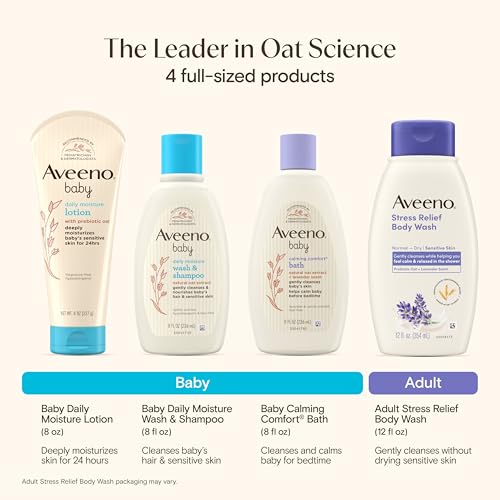 Aveeno Baby Bathtime Solutions Mommy & Me Gift Set, Baby Wash & Shampoo, Calming Bath, Daily Moisturizing Lotion and Stress Relief Body Wash for Mom, Colloidal Oat, Baby Bath Essentials, 4 items