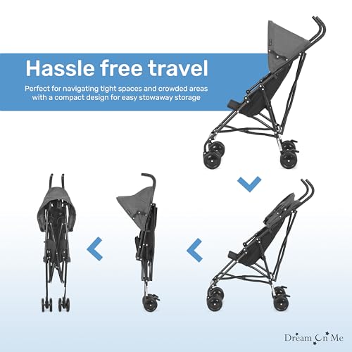 Dream On Me Aero Travel Umbrella Stroller, One-Hand Quick Fold, 3-Point Safety Harness, Dual Brakes, Adjustable Removable Canopy, Lightweight Compact & Space-Saving, for 6 to 36 Months – Black