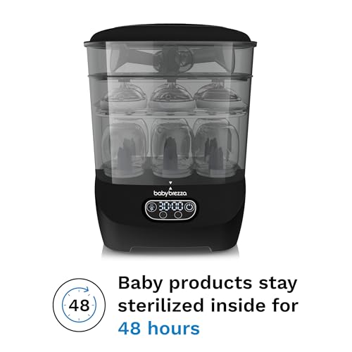 Baby Brezza Bottle Sterilizer and Dryer Advanced – 33% Faster - Largest Capacity Steam Sanitizer - Universal Sterilization Machine for All Bottles + Pump Parts - HEPA Air Filter, Black