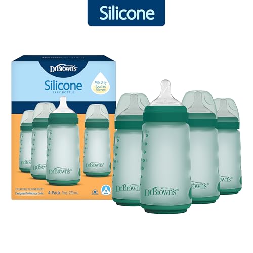 Dr. Brown's Silicone Baby Bottle with Collapsible Insert Designed to Reduce Colic, 9 oz with Wide-Neck Level 2 Medium Flow Nipple, BPA-Free, 3m+, Green, 4-Pack