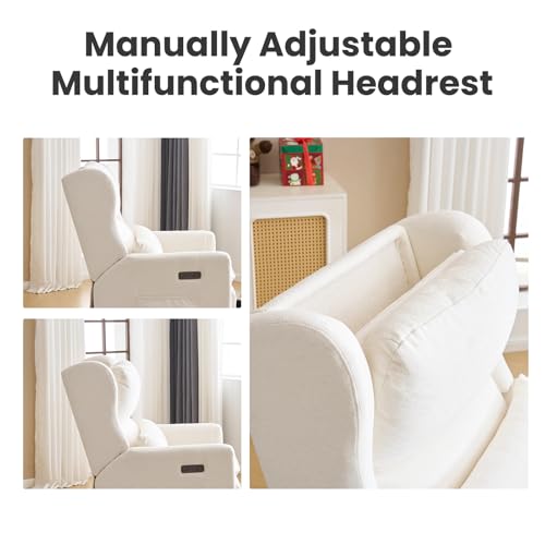 RUTOX Power Recliner Chair Swivel Glider with Adjustable Headrest，Oversized Swivel Rocker Recliner with Lumbar Support, Upholstered Nursery Glider Recliner for Living Room,White