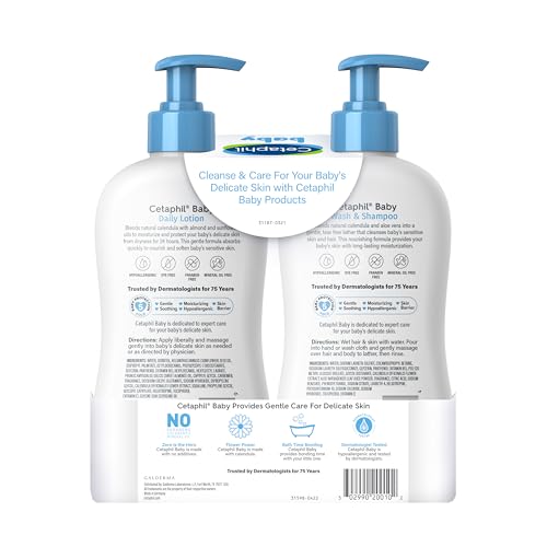 Cetaphil Baby Wash & Shampoo Plus Body Lotion, Healthy Skin Essentials, Head to Toe Hydration for up to 24 Hours, for Delicate, Sensitive Skin, 2-Pack,White