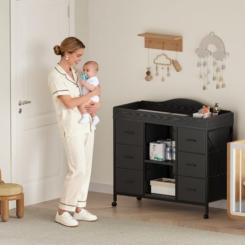 Yetom Changing Table, 6-Drawer Baby Dresser with Changing Table top,Waterproof Diaper Changing Station & Pad, 2 Height-Adjustable Open Storage Shelves, Mobile Nursery Organizer, Black