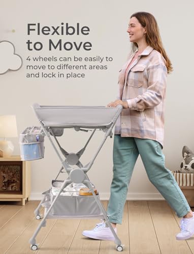 Baby Changing Table, Auto Warmer Portable Folding Changing Table with Wheels, Waterproof Diaper Changing Station with 2 Drawers, Adjustable Height, Baby Changing Station for Infant, Newborn