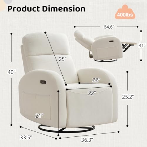 Power Nursery Glider Recliner, Chenille Electric Rocker Recliner with Type-C & USB Port, Nursery Swivel Rocker Recliners with Double Pockets for Adult, Cream White