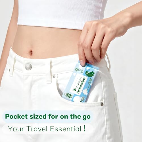 Dorahoney 100% Cotton Travel Wipes for Sensitive Skin, 99% Purified Water Hypoallergenic Mini Wet Wipes, Unscented Pocket Wipes Travel Essentials, 56 Count (8 Packs of 7)