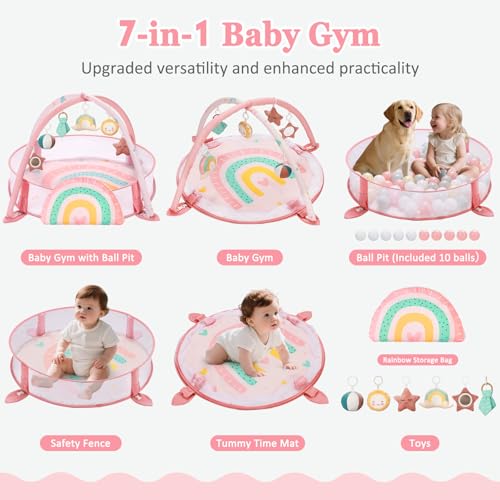 7-in-1 XL Large Baby Play Gym Mat, Tummy Time Mat, Baby Gym & Ball Pit, Baby Activity Mat with Milestone Cards & 6 Detachable Toys for Sensory Motor Skill, Rainbow