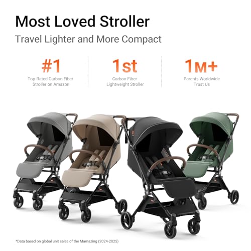 MAMAZING Ultra Air Lightweight Baby Travel Stroller with Carbon Fiber Frame, Compact & Airplane-Friendly, One-Handed Fold, 11.6 lbs, Perfect for Toddlers, Simply Taupe
