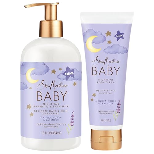 Shea Moisture Baby Care Set – Relaxing Nighttime Shampoo & Bath Milk + Body Cream for Delicate Skin, Manuka Honey & Lavender (2 Piece Set)