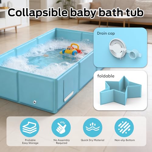 Totiro Foldable Baby Bathtub for Newborns & Toddlers, Collapsible Infant Bath Tub with Soft Cushion, Non-Slip Support & Drain Plug, Space-Saving Baby Tub for Small Bathrooms & Travel