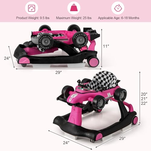 HONEY JOY 4-in-1 Baby Walker, Activity Push Walker w/3 Adjustable Heights, Smooth Wheels w/Adjustable Speed, Padded Seat, Music & Light, Foldable Car Walker for Baby Boys Girls Age 6 Months+ (Pink)