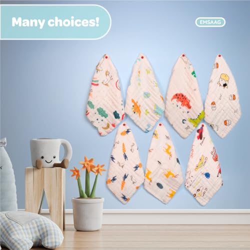 EMSAAG Muslin Baby Washcloths Pack of 7-Soft Sweat Cloths for Newborn,Absorbent Baby Bath and Face Towels,100% Cotton Baby Wipes,Burp Cloths,Feeding Towels for Babies and Infants,Mix Pattern-10 x 10’’